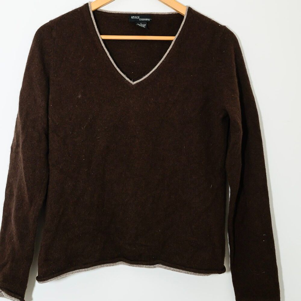 Grace Cashmere Sweater Brown L preppy v-neck‎